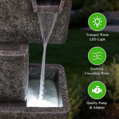 27.6" H Outdoor Modern Water Fountain, Floor Standing Indoor Waterfall Fountain, Outdoor Water Fountain with Lights, Home Decor for Garden Patio Porch Yard Backyardard