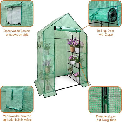 Walk in Greenhouse with Shelves,Walk-in Plant Plastic Green House with Windows Green PE Cover, 3 Tiers 6 Shelves Greenhouse Frame Stands with Ground Pegs & Ropes,56" L x 29" W x 77" H