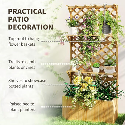 Outsunny Wooden Planter with Trellis, Raised Garden Bed with Hanging Roof, Plant Shelf, Drainage Holes and Bed Liner, for Climbing Plants, Vegetables, Flowers, 30" x 13" x 70", Natural