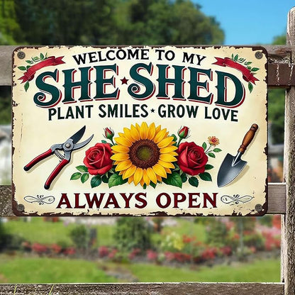 PEACHGARDEN Garden Decor She Shed Wall Art Decor Welcome To My She Shed Garden Metal Sign for Greenhouse Plantroom Yard Patio 8x12 inch