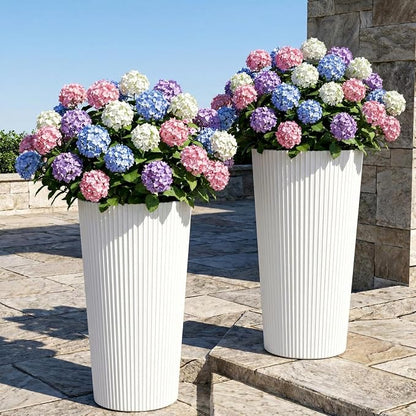 24" H Tall Planters for Outdoor Plants, 2 Pack Large Outdoor Planters for Front Porch Decor with Drainage Hole, Plastic Striped Flower Pots Fits Indoor Plants Patio Garden, Black