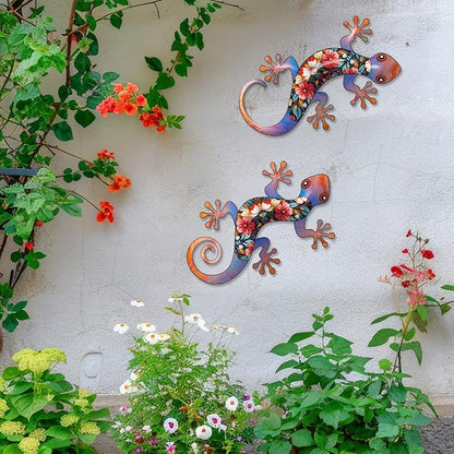 Outdoor Gecko Wall Decor, 2 Pcs Metal Gecko Wall Art Hanging Sculpture Decoration for Indoor or Outside, Garden Yard Fence Porch Decor