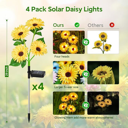 WdtPro 4 Pack Outdoor Solar Garden Lights with 16 Glowing Daisy Flowers & Stems, Waterproof Solar Flowers Lights for Outside Yard Patio Decor