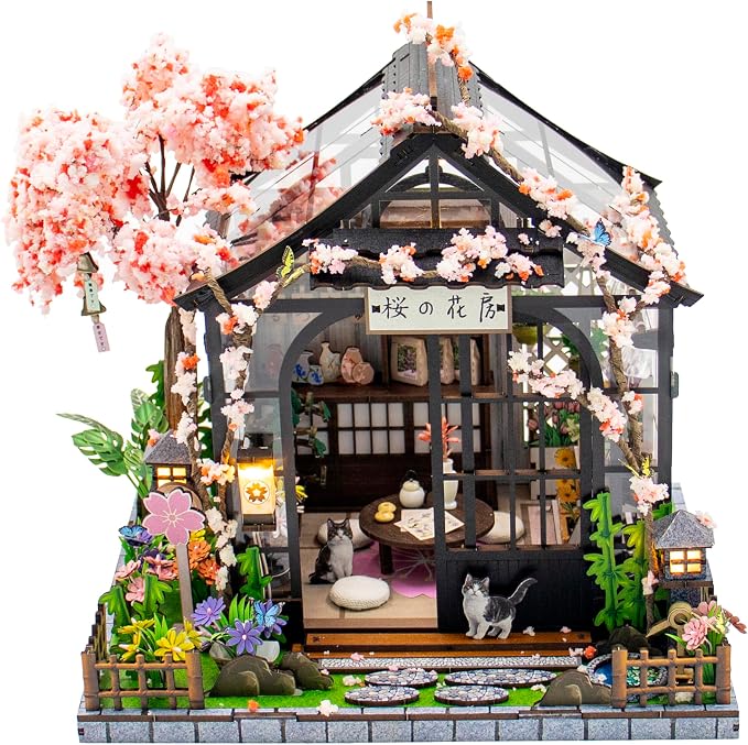 DIY Miniature House Kit, DIY Book Nook with LED Light | 3D Puzzles for Adults and Teens, Building Kits for Bookshelf Decor, Creative Gift for Craft Lovers | Sakura Greenhouse
