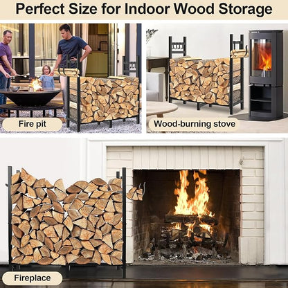 Firewood Rack Outdoor Indoor Holder with Log Carrier, Metal Heavy Duty Log Stand Stacker Holder with Kindling Hooks, Adjustable Stand Organizer Fire Wood Carrier Pads for Firewood Storage Fireplace