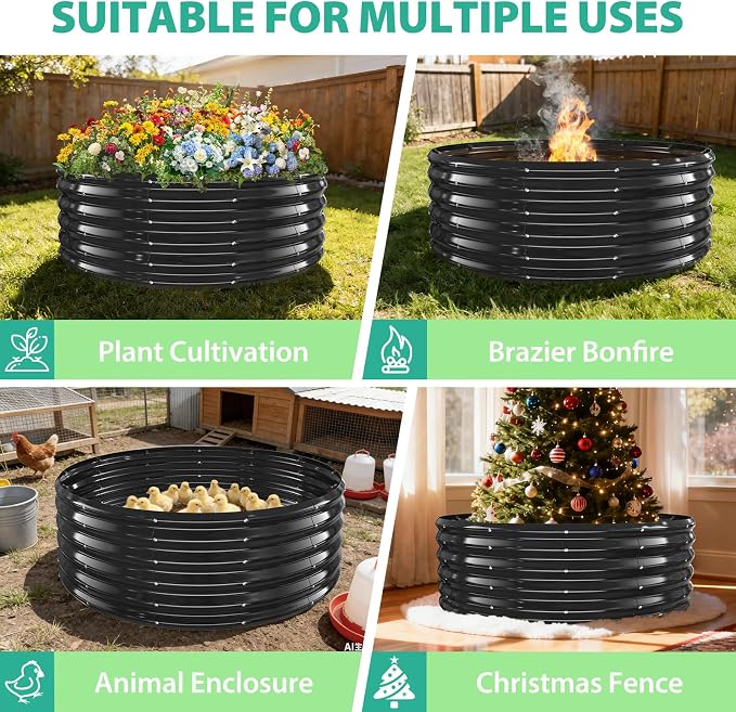 YSEJOMP 17" Tall 48" Diameter Round Raised Garden Bed Kits Outdoor Black | Heavy Duty,Rustproof,Durable & Stylish,1.5 FT Tall,4FT Planter Bed,0.8MM Thick Galvanized Metal Painted,with Gloves,Tool free