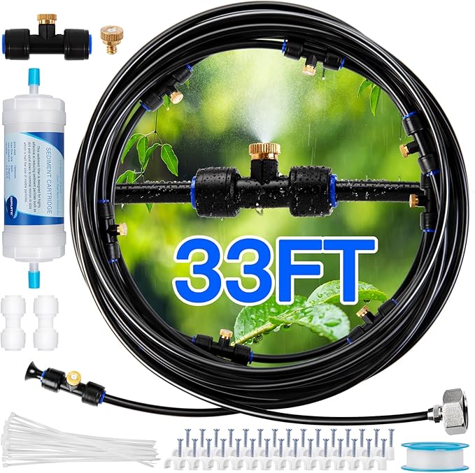 Misters for Outside Patio with Water Filter - 33Ft(10M) Misting system Line 9 Brass Mist Nozzles Brass Adapter(3/4") Patio Misters for Cooling Outdoor Greenhouse Backyard Porch Garden BBQ Party Pool