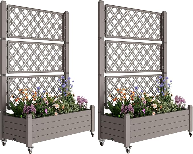 Fancyango Raised Garden Bed with Wheels 61.2" Hx2 - Gray | Resin Elevated Garden Planter Box with Trellis, Outdoor Planter Box for Veggies Herbs Patio Balcony Backyard