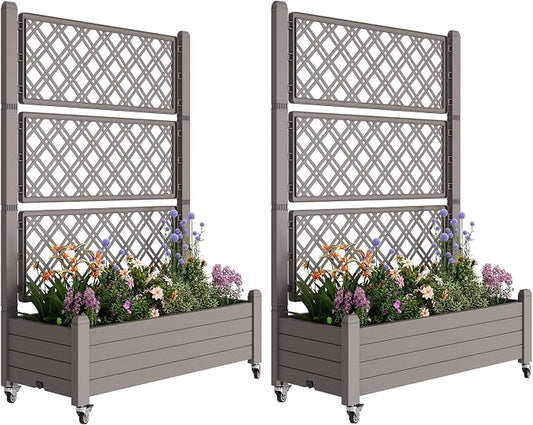 Fancyango Raised Garden Bed with Wheels 61.2" Hx2 - Gray | Resin Elevated Garden Planter Box with Trellis, Outdoor Planter Box for Veggies Herbs Patio Balcony Backyard