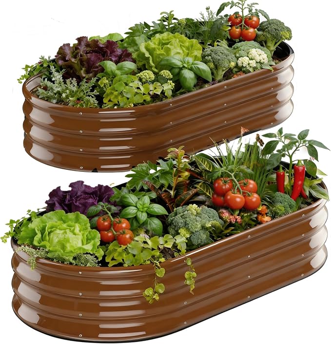 Rakukiri Raised Garden Bed Outdoor, GRS Certified Recycled Metal Planter Box 2 Sets, 4FT Galvanized Oval Herb Garden Kit, Bottomless Large Garden Beds for Vegetables Flowers, Rust-Resistant Brown