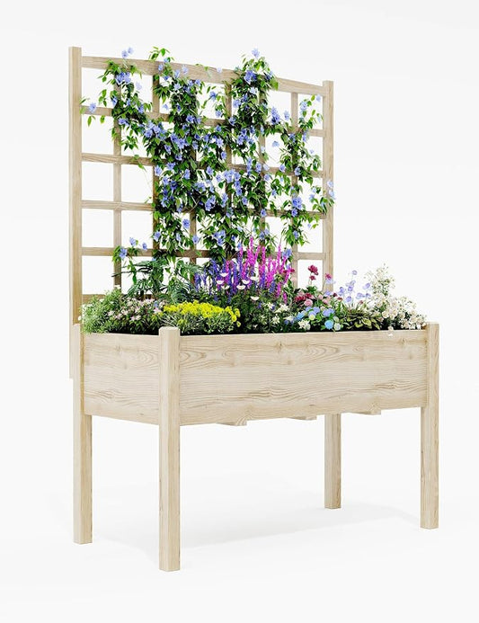 Jojoka Wooden High-Legged Raised Garden Bed with Climbing Trellis, Elevated Planter Box for Vegetables, Herbs, Flowers, Patio, Backyard
