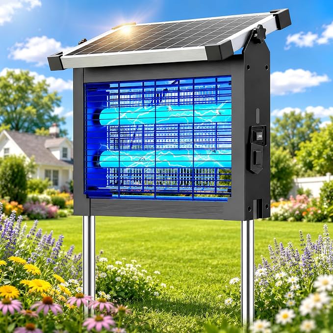 Zechuan Solar Bug Zapper Outdoor, Cordless Rechargeable Mosquito Killer | IP66 Waterproof Fly Zapper, 4500V Grid, Auto/Manual Mode, Cordless with Projection Light, Cord & Chain for Patio Camping RV