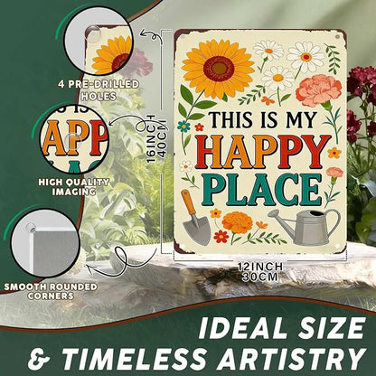 PEACHGARDEN Garden Signs This Is My Happy Place for Woman Gifts Garden Wall Decor Metal Tin Sign for Patio Yard She Shed Cabin 12x16 inch