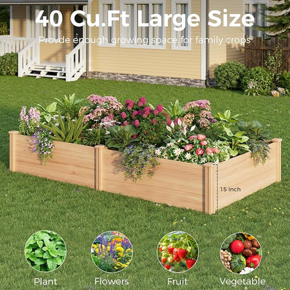 Raised Garden Bed for Outdoor, 8x4 Ft Wood Garden Bed with 15 Inch Depth for Flowers/Vegetables/Herbs in Backyard Patio Outdoor, Open Base Bottom Planter Box