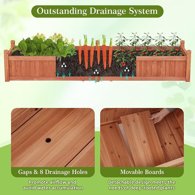 HAPPYGRILL Raised Garden Bed, Wood Elevated Flower Box with 8 Drain Holes, Liner, for Flowers, Vegetables, Herbs, Fruits, Outdoor Planter Box for Backyard, Garden, Lawn, 89" x 23.5" x 16"