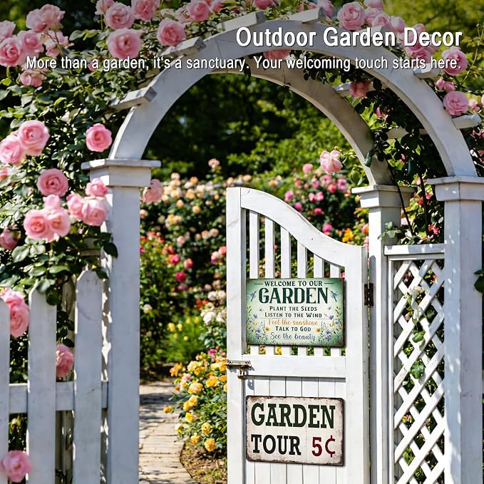 Vintage Garden Decor Gardening Art Signs Plant Lovers' Gifts | Motivational Greenhouse Yard Fence She Shed Wall Decor Women Gardeners Welcome To Our Garden Tin Sign 12x8 Inch Weather-proof