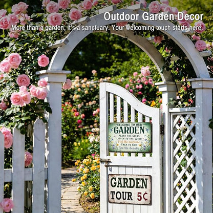 Vintage Garden Decor Gardening Art Signs Plant Lovers' Gifts | Motivational Greenhouse Yard Fence She Shed Wall Decor Women Gardeners Welcome To Our Garden Tin Sign 12x8 Inch Weather-proof
