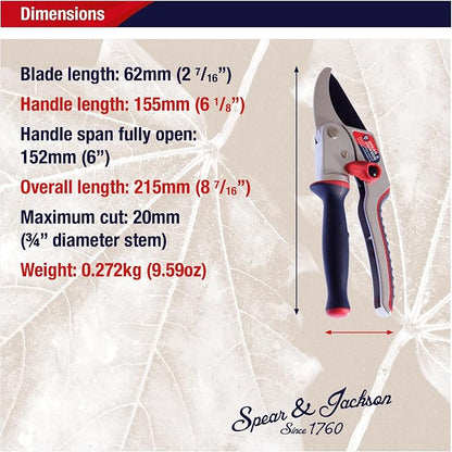 Spear & Jackson Razorsharp Ratchet Anvil Pruners with Twist Handle, Ergonomic High-Carbon Steel Blades for Effortless Pruning