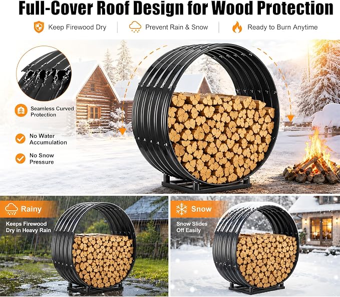 24" Firewood Rack with Roof Cover, Indoor & Outdoor Log Holder Keeps Firewood Dry, Clean & Organized for Fireplace, Patio & Backyard, Heavy-Duty Steel Wood Storage Rack, 400LBS Capacity