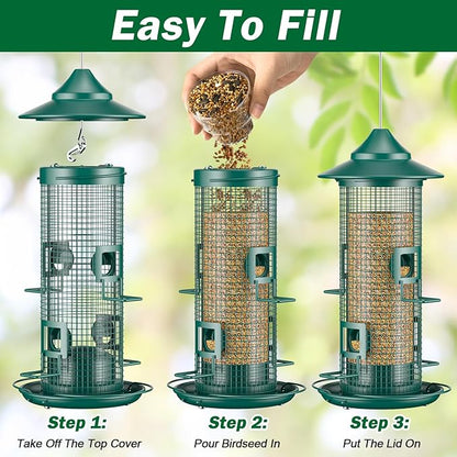 Metal Bird Feeder for Outdoors Hanging, Chew Resistant Design | 2lb large capacity, 4-port mesh tube, easy-refill 4.5" wide opening, all-weather rust-resistant feeder for cardinals, finches