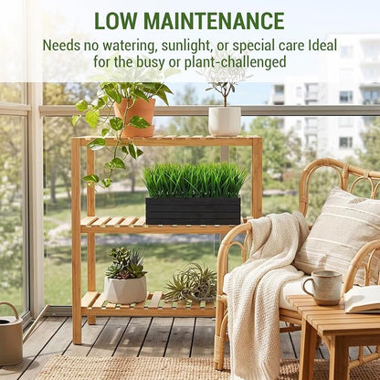 MyGift 14 Inch Artificial Green Grass Plant in Vintage Black Wood Planter Window Box, Faux Greenery in Decorative Rectangular Crate Style Wooden Container