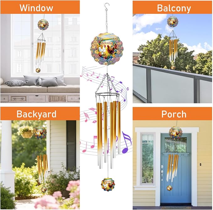Chicken Wind Chimes for Outside with Wind Spinner, Summer Garden Patio Yard Porch Decor, Floral Hen Wind Chime with Gift Box, Summer Birthday Housewarming Gifts for Women Grandma Nana