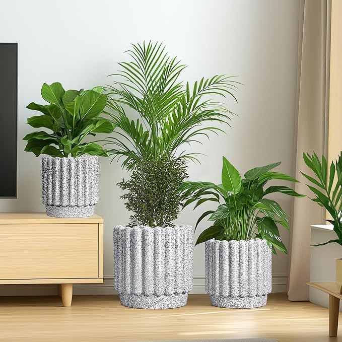 Ceramicfor Ceramic Flower Pot, 9.6 Inch, Black and White | Indoor Planter, Drainage Hole, Fluted Round Design, Large Planter Outdoor, Living Room Decor