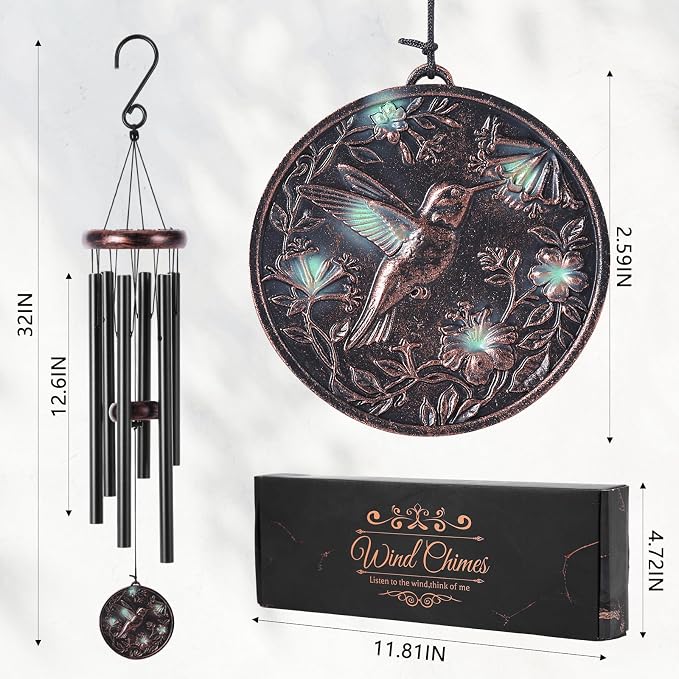 Hummingbird Wind Chimes for Outside – Vintage Hummingbird Deep Tone Wind Chime 3D Resin Embossed Copper Wind Catcher Outdoor Clearance, Outdoor Garden Hanging Decor, Memorial Sympathy Gift