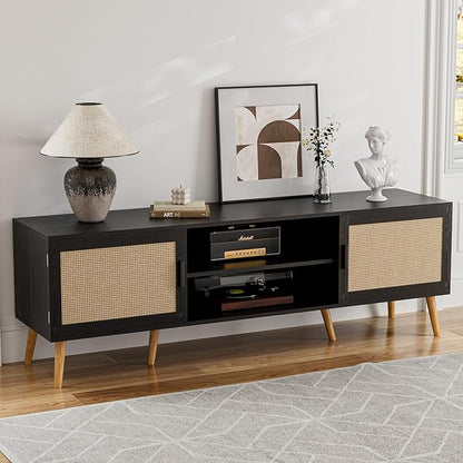 ZttRiee TV Stand with Rattan Doors for TVs up to 65", Mid-Century, Black | 54.7"W x 15.7"D x 18.9"H, 150 lbs capacity, 2 rattan-door cabinets & 1 shelf (4 compartments), 2 cord holes, 6 wood feet