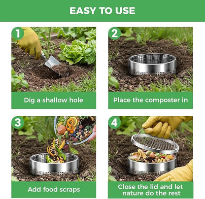 2 Pack Worm Composter Worm Bin, Stainless Steel Inground Compost Bin with Handle, Metal Worm Composting System for Kitchen Food Waste Recycling, Outdoor Garden Vermicomposting Bin w/Lid, Easy Install