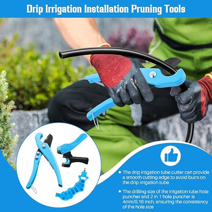 Feekoon Drip Irrigation Hole Punch Tool, 2 in 1 Drip Tubing Punch and Fitting Insertion Tool for 1/4 Inch Emitters, 16 20 25mm PE Pipe, Garden Repair(Blue,345 Irrigation Plugs)