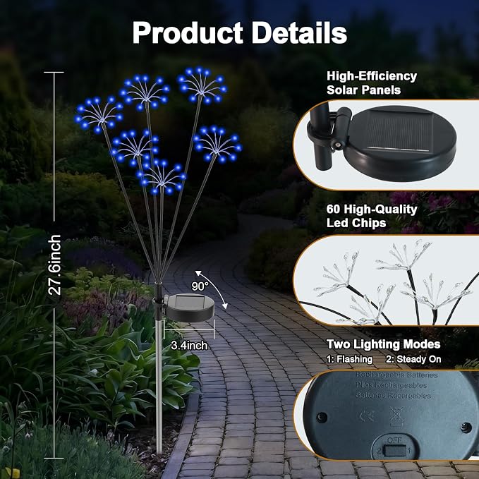 Solar Garden Lights Outdoor, 2 Pack New Upgraded Solar Swaying Starburst Light, Waterproof Fireworks Solar Lights, Yard Patio Pathway Decoration, Blue