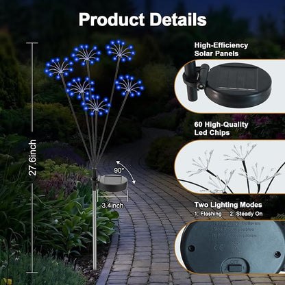Solar Garden Lights Outdoor, 2 Pack New Upgraded Solar Swaying Starburst Light, Waterproof Fireworks Solar Lights, Yard Patio Pathway Decoration, Blue