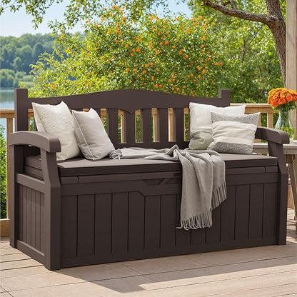 Greesum 80 Gallon Outdoor Storage Bench Deck Box with Cushion & Armrest, Lockable, Waterproof UV Resistant, Comfortable Seating for Patio, Pool, Garden, Brown