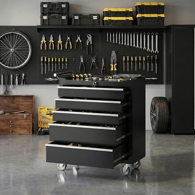 Rolling Tool Chest, 5-Drawer Tool Storage Cabinet, Tool Box with Wheels, Lock System and Drawer Liners, Tool Cart for Warehouse, Workshop and Repair Shop, Black