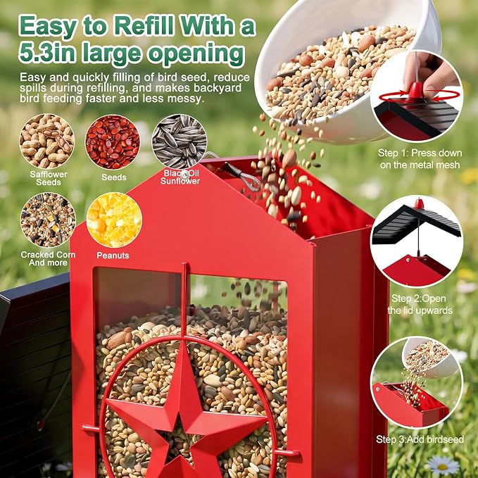 Squirrel Proof Bird Feeders for Outdoors with Weight-Activated, Metal 5LB Large Wild Bird Feeders for Cardinals,Blue Jay,Finch, Weatherproof Durable Hanging Bird Feeder for Backyard,Garden (Red)