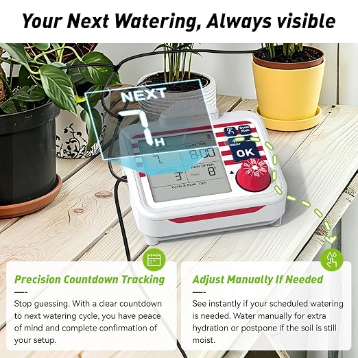 RAINPOINT Indoor Large Display Automatic Plant Waterer Kit | Drip Irrigation System with Next Watering Countdown, Power-Off Memory,Anti-Siphon,Cycle & Soak Mode,Water 10-15 Plants