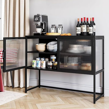 GarveeHome Buffet Cabinet with Glass Doors, Sideboard Cabinet with Adjustable Shelves, Freestanding Glass Storage Cabinet for Kitchen, Living Room, Dining Room, Black