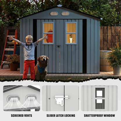 KEIKI 8x8 Outdoor Storage Shed, Metal Garden Shed with 4 Windows and Lockable Doors, Heavy Duty Steel Storage House for Backyard Patio Lawn, Bike Storage, Tool Room, Pet Shelter, White