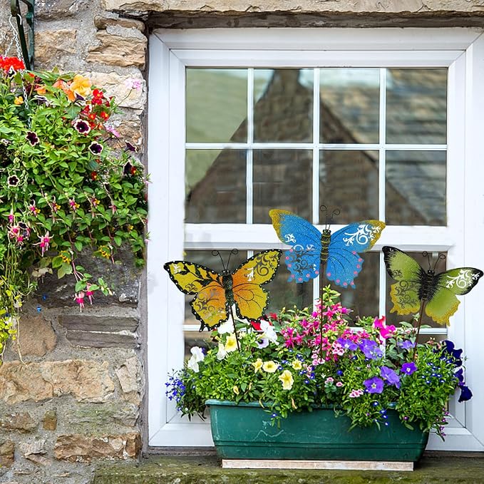 3 Pack Butterfly Garden Stakes Decor, 17" H Metal Butterflies Stakes Yard Art Ornaments for Indoor Outdoor Lawn Porch Pathway Patio Plant Pot Flower Bed Decor
