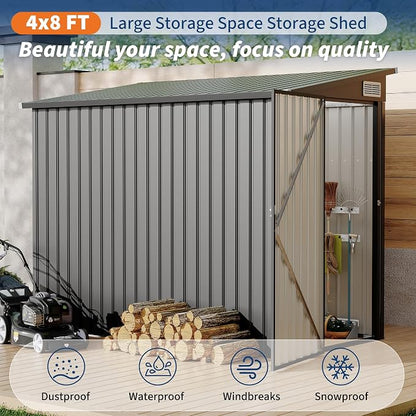 4×8 ft Lean to Storage Shed, Heavy-Duty Outdoor Metal Storage Shed, Garden Tool Metal StorageHouse W/Lockable Door and 2 Air Vents
