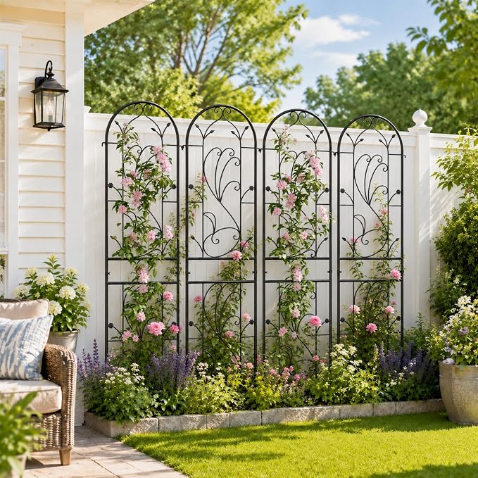 2-Pack 87" x 20" Sunflower Scroll Arch Black Metal Garden Trellises | Set of 2 rust-resistant trellises with Sunflower scrollwork, arched tops, and support for roses, vines, or vegetables