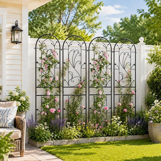 4-Pack 87" x 20" Sunflower Scroll Arch Black Metal Garden Trellises | Set of 4 rust-resistant trellises with floral scrollwork, arched tops, stakes, and support for roses, vines, or vegetables