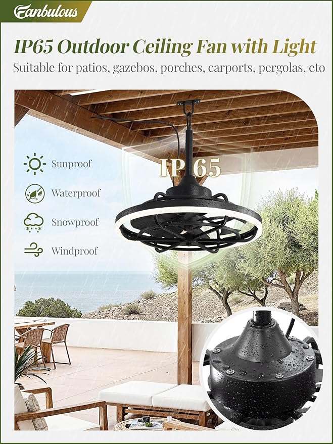 Fanbulous Outdoor Ceiling Fans with Light for Patios, 20" Weatherproof Plug in Ceiling Fan, Gazebo Fan Remote&APP Control, 3CCT Dimmable,Caged Ceiling Fan with Hanging Hook for Porch, Pergola,Canopy