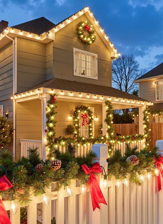 Minetom Vintage C9 LED Christmas Lights Outdoor Warm White, 50 Feet C9 String Lights for Christmas Tree Roofline Holiday Party Indoor Outdoor Garden Patio Backyard Cafe Xmas Decoration, Green Wire