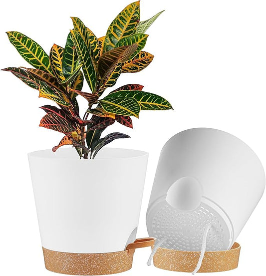 FaithLand 2-Pack 9 Inch Planter Pots for Indoor Outdoor Plants, Self Watering Flower Pots with Deep Reservoir, White with Terracotta …