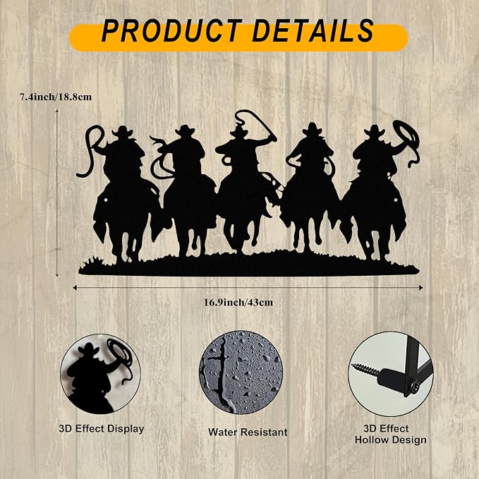 LIYAOLI 3D Vintage Western Wall Decor,Black Metal Cowboy Wall Art Hanging Riding Rustic Cowboys Party Decorations Farmhouse Home Decor,Metal Wall Sculptures for Living Room,Bedroom