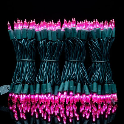 YULETIME 200 Pink LED Christmas Lights, 66 ft Green Wire UL String Light | Stay Lit, End-to-End Connectable, UL Certified, Commercial Grade, 1-Strand 200 Lights, 4" Spacing