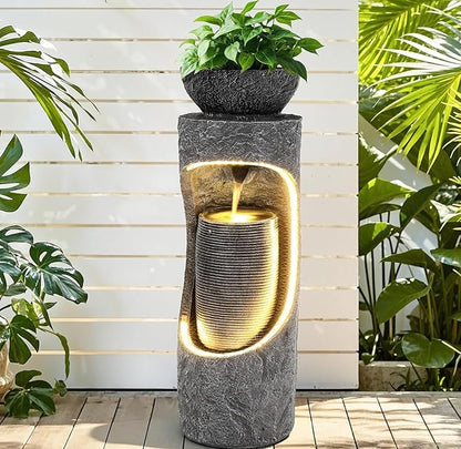 40" Innovative LED Strip Outdoor Water Fountain with Birdfeeder | Unique Dual-Layer Structure Garden Fountain with Soothing Waterfall Foutain for Patio Backyard Garden or Porch Decor