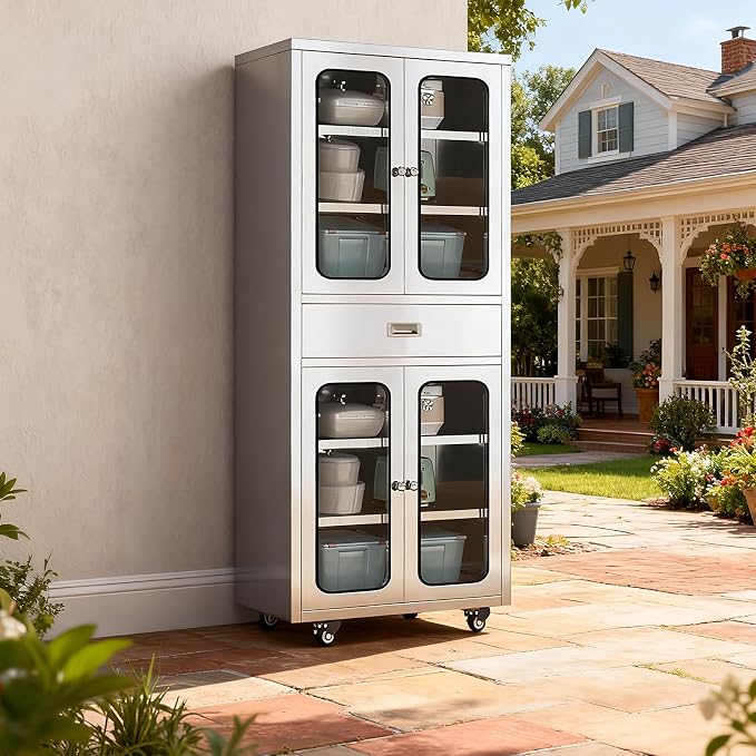 68" Full-Assembled Stainless Steel Cabinet with 1 Drawer and Glass Doors, 6-Tier Rolling Kitchen Pantry Storage Cabinet with Wheels for Garage, Warehouse, Utility Room, Laundry Room, Restaurant, Cafe